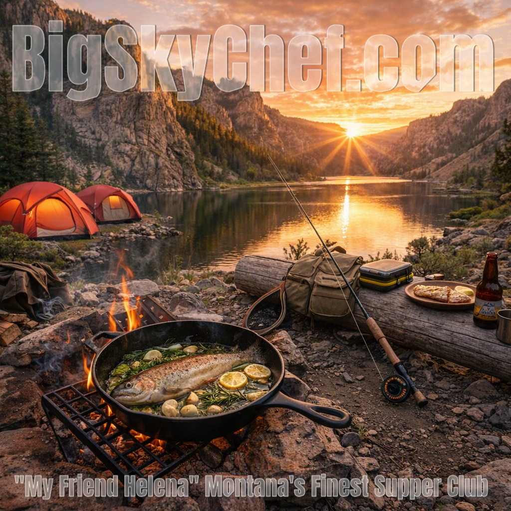 BigSkyChef.com — My Friend Helena Montana's Finest Supper Club, trout cooking in cast iron over campfire at sunset in the Gates of the Mountains