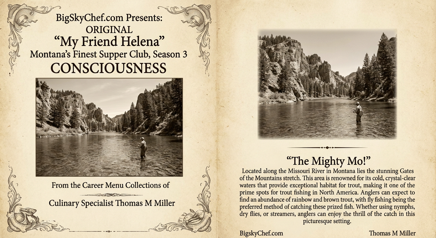 BigSkyChef.com Presents Original My Friend Helena Montana's Finest Supper Club Season 3 Consciousness — From the Career Menu Collections of Culinary Specialist Thomas M Miller, vintage book spread with Gates of the Mountains fly fishing photography