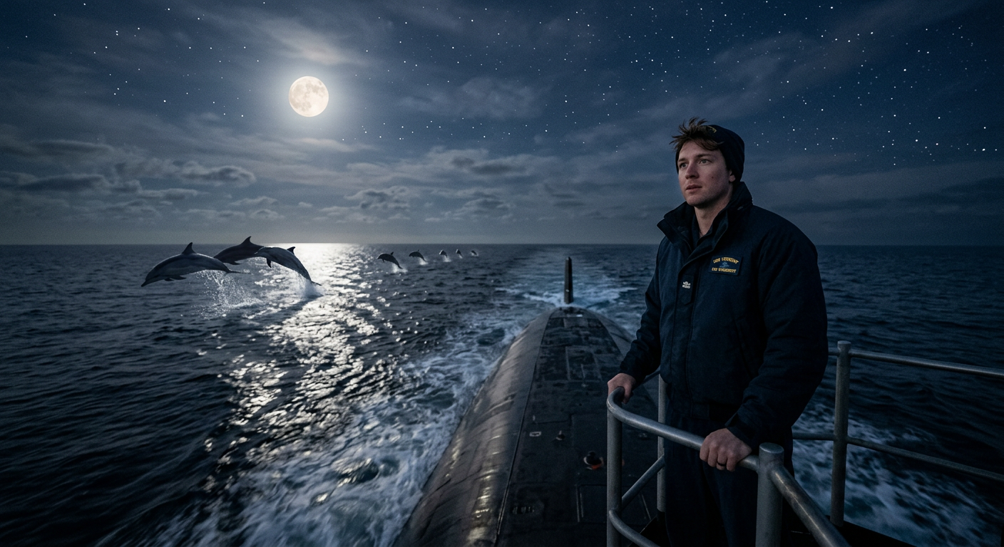 Submariner standing at the stern rail of USS Inspiration, watching dolphins leap through moonlit ocean wake — BigSkyChef.com