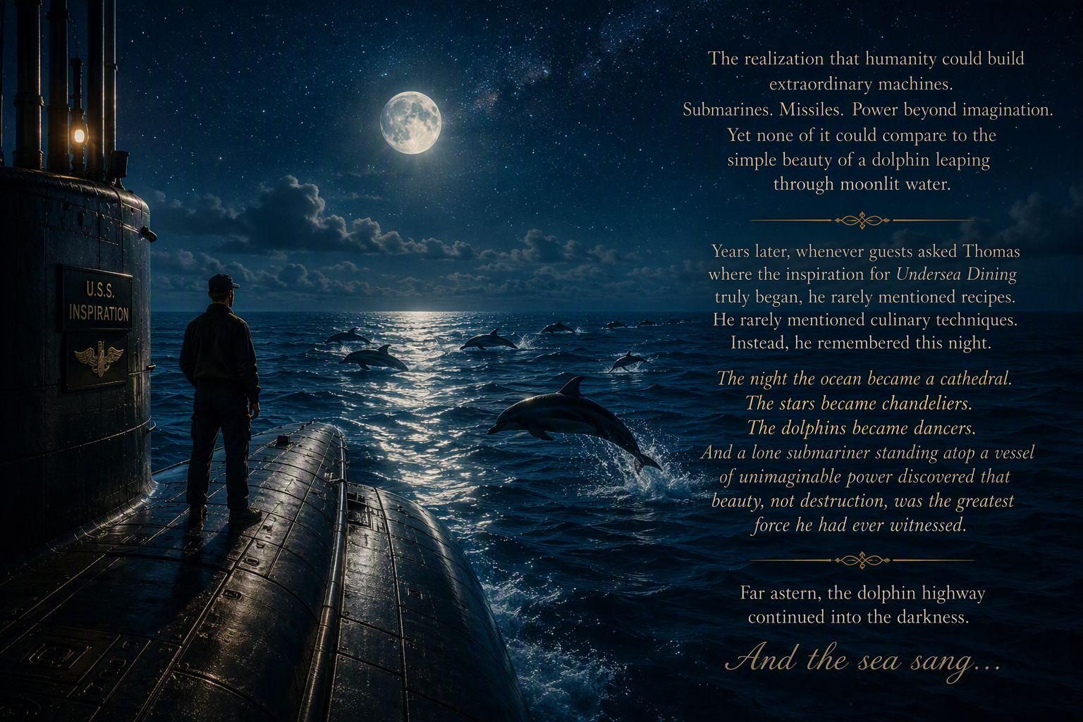 U.S.S. Inspiration — submariner watches dolphins leap through moonlit water. Narrative spread: 'The realization that humanity could build extraordinary machines… And the sea sang…' — BigSkyChef.com